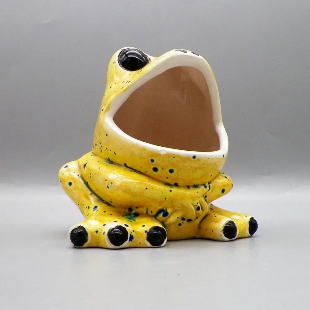 Vintage Wide Mouth Ceramic Frog Speckled Yellow Kitchen Sponge Holder Handmade